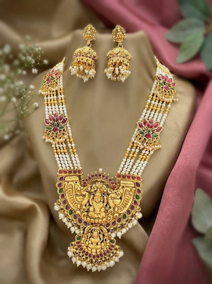 Jewel City Gold Temple Jewelry Set with Long Haram Necklace & Jhumka Earrings | South Indian Bridal Wedding Jewelry