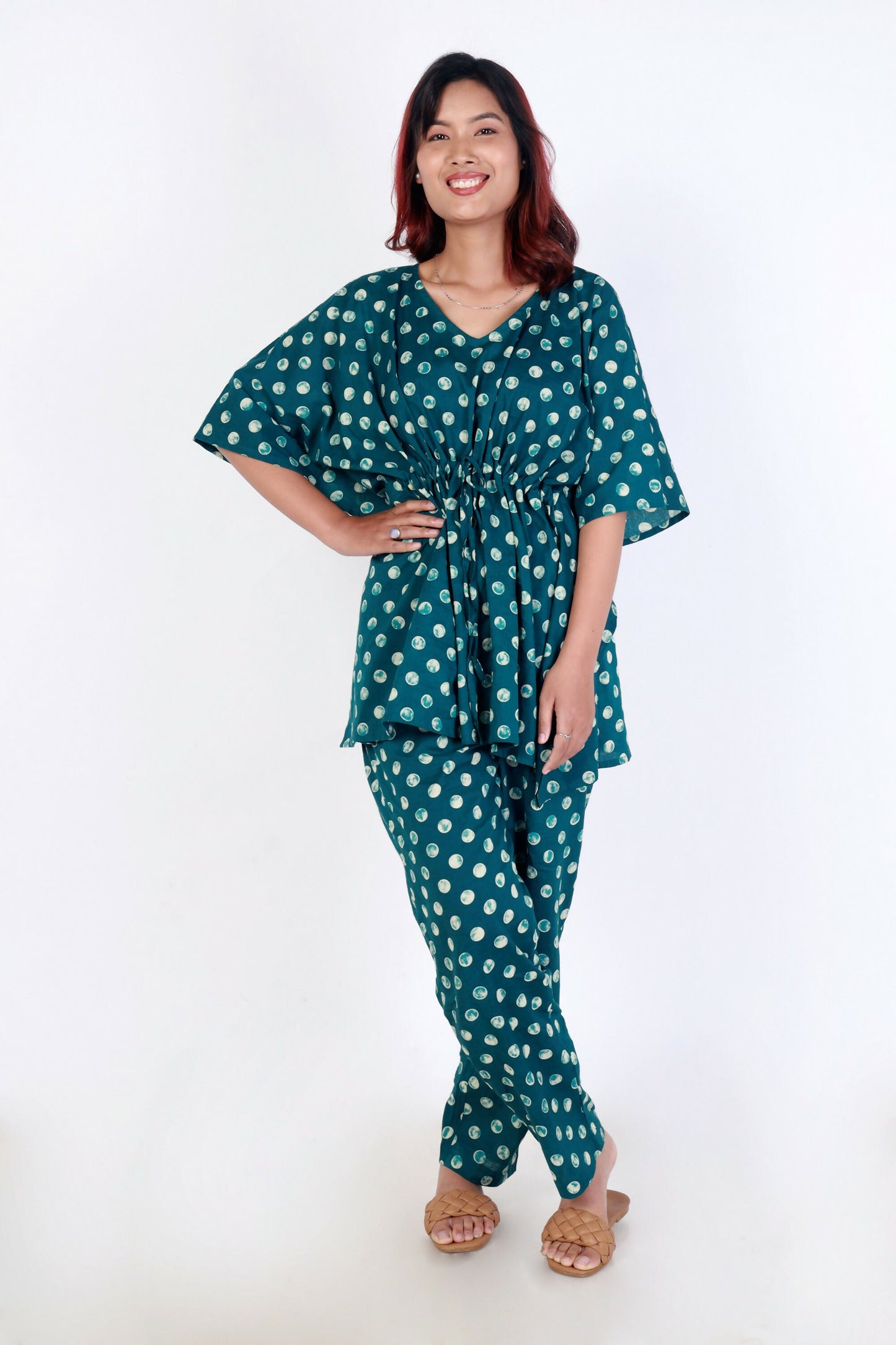 Breathables Green Polka Cotton Kaftan Co-Ord Set