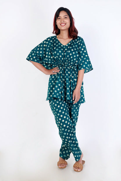 Breathables Green Polka Cotton Kaftan Co-Ord Set