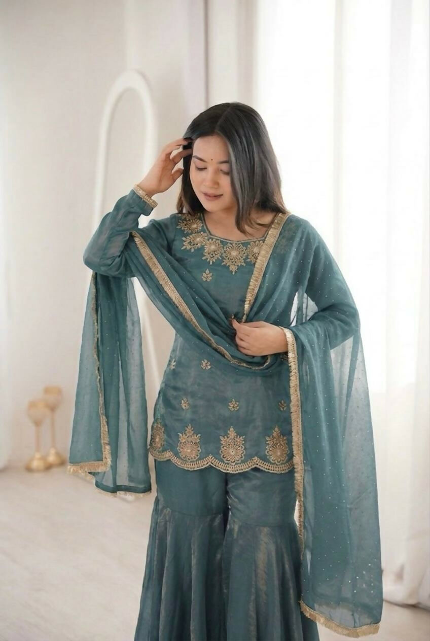 Teeya Creation Womens New Fancy Embroidery Sequence Work With Zarkan Diamond Work Teal Kurta Set