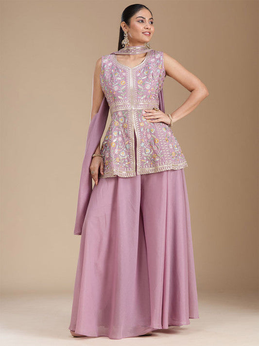 Teeya Creation Lavender Color Star Georgette Party Wear Designer Peplum Sharara Set