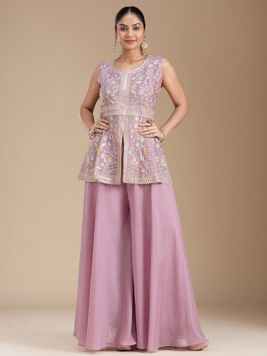 Teeya Creation Lavender Color Star Georgette Party Wear Designer Peplum Sharara Set