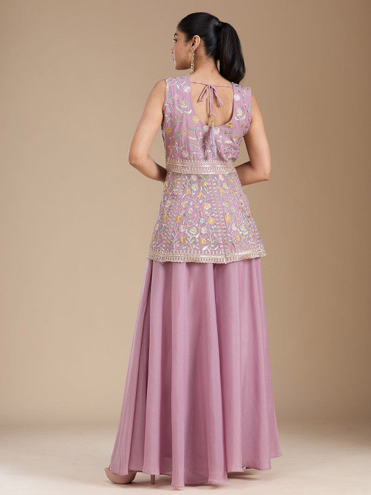 Teeya Creation Lavender Color Star Georgette Party Wear Designer Peplum Sharara Set