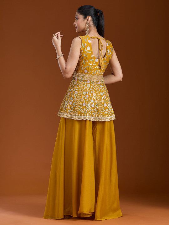 Teeya Creation Yellow Color Star Georgette Party Wear Designer Peplum Sharara Set