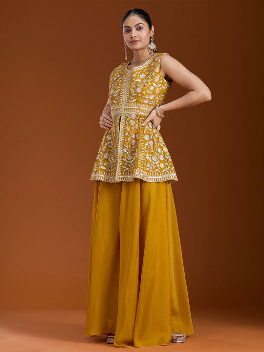 Teeya Creation Yellow Color Star Georgette Party Wear Designer Peplum Sharara Set