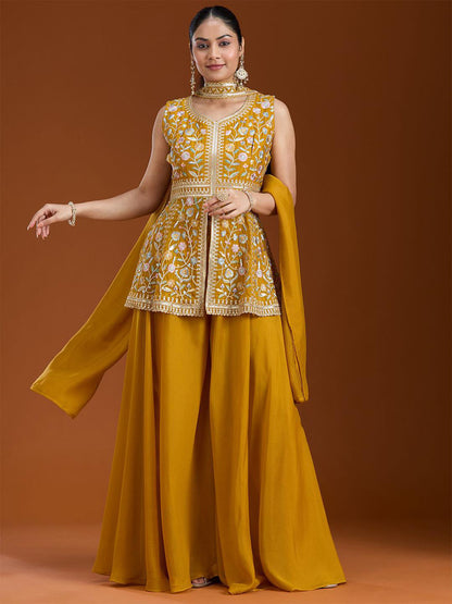 Teeya Creation Yellow Color Star Georgette Party Wear Designer Peplum Sharara Set