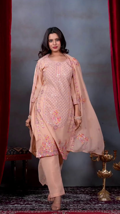 Lehenga Mart Designer Salwar Suit With Kurta Pant Dupatta For Women-Peach
