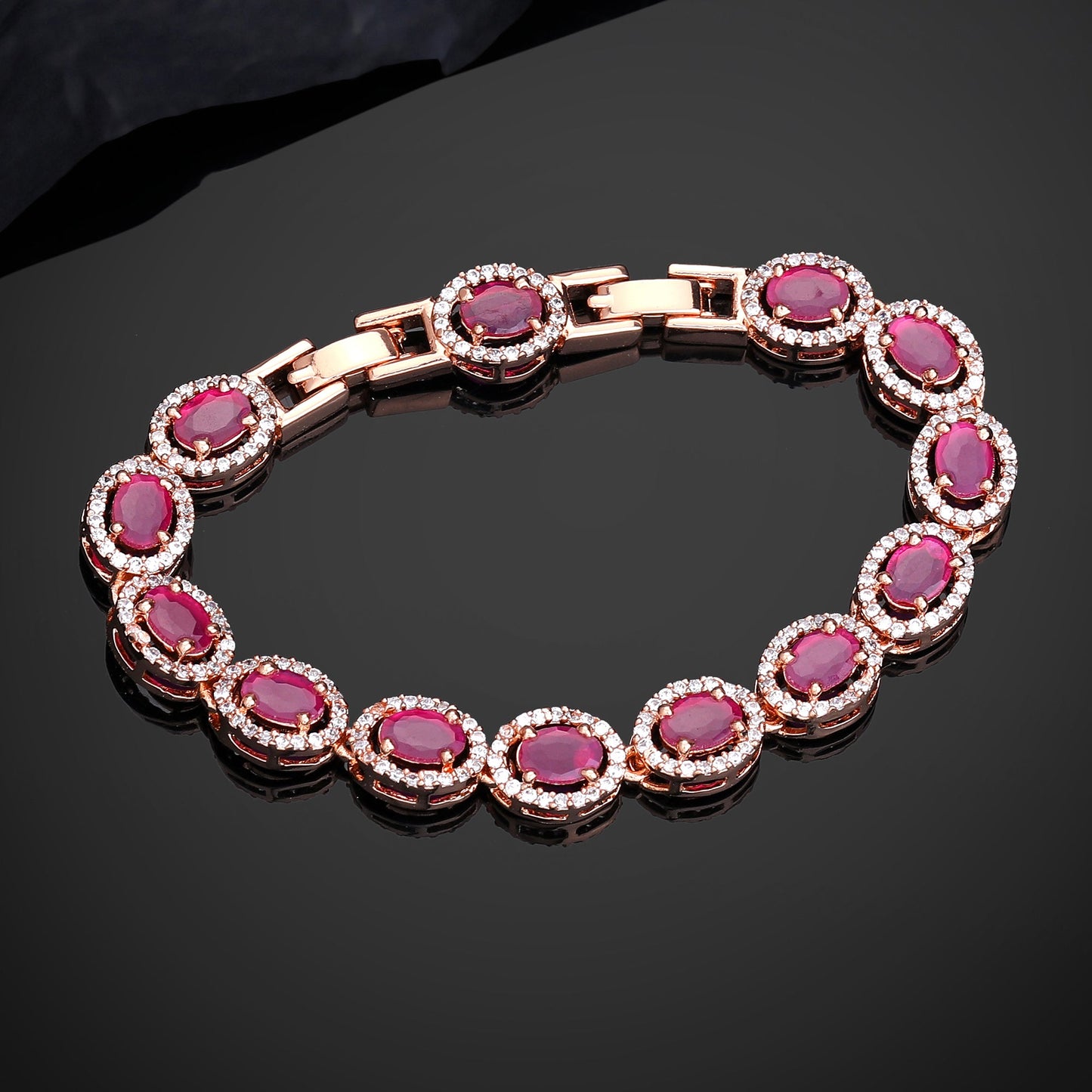 Estele Rosegold Plated Exquisite Ruby American Diamond Adorned Charm Bracelet for Women A Touch of Luxury for Your Style