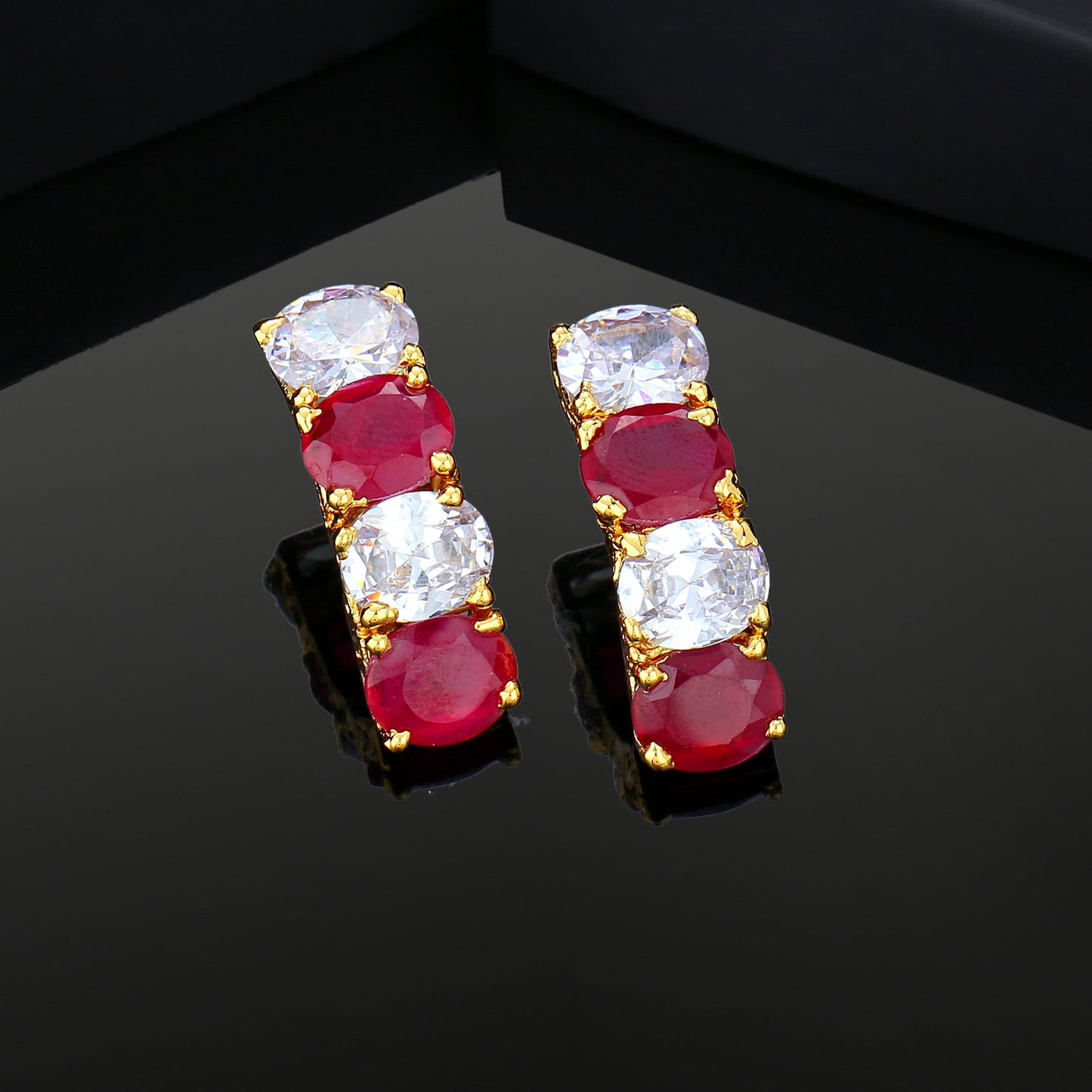 Estele Gold Plated CZ Sparkling Stud Earrings with Pink & white stones for Women