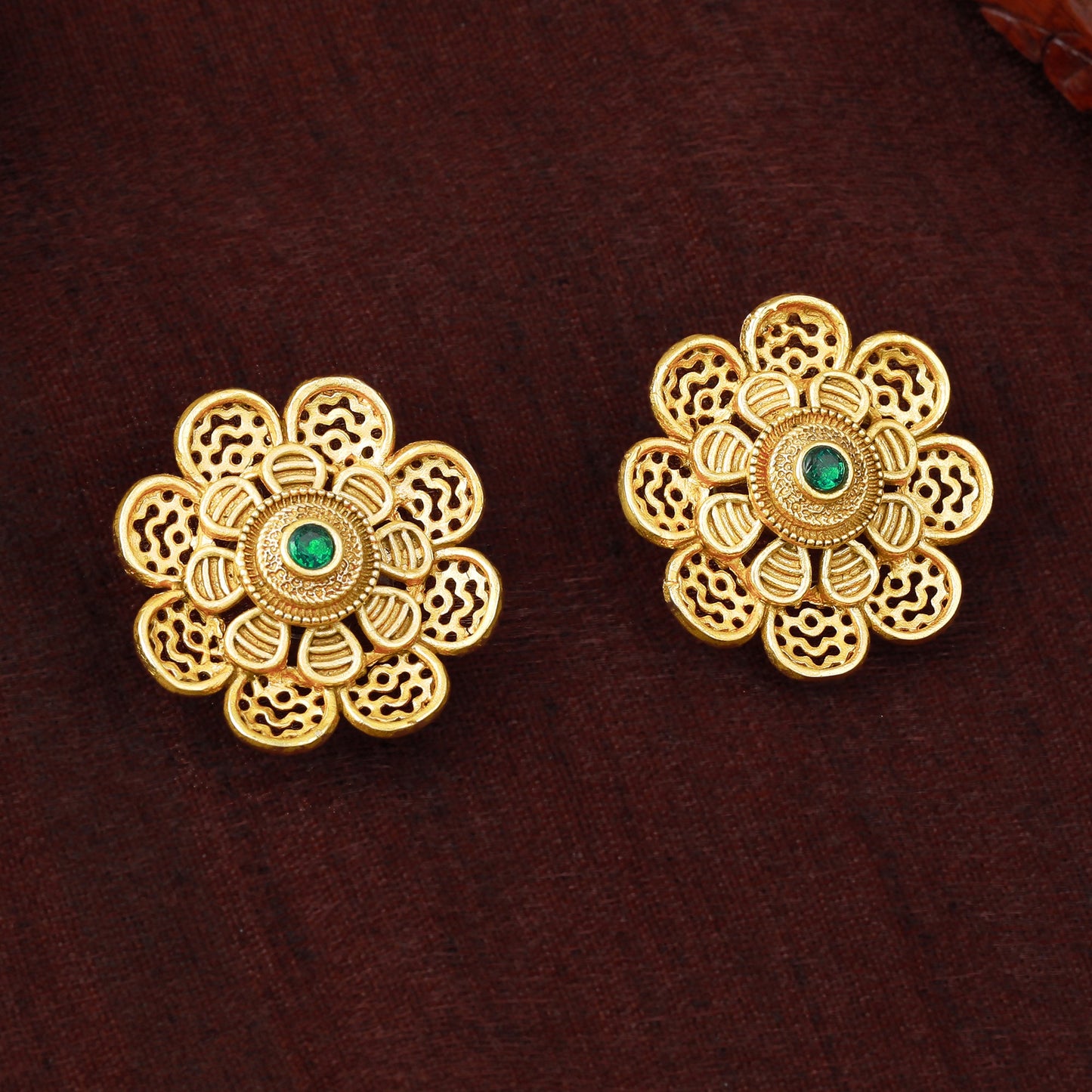 Estele Gold Plated Floral Designer Matt Finish Stud Earrings with Green Crystals for Women