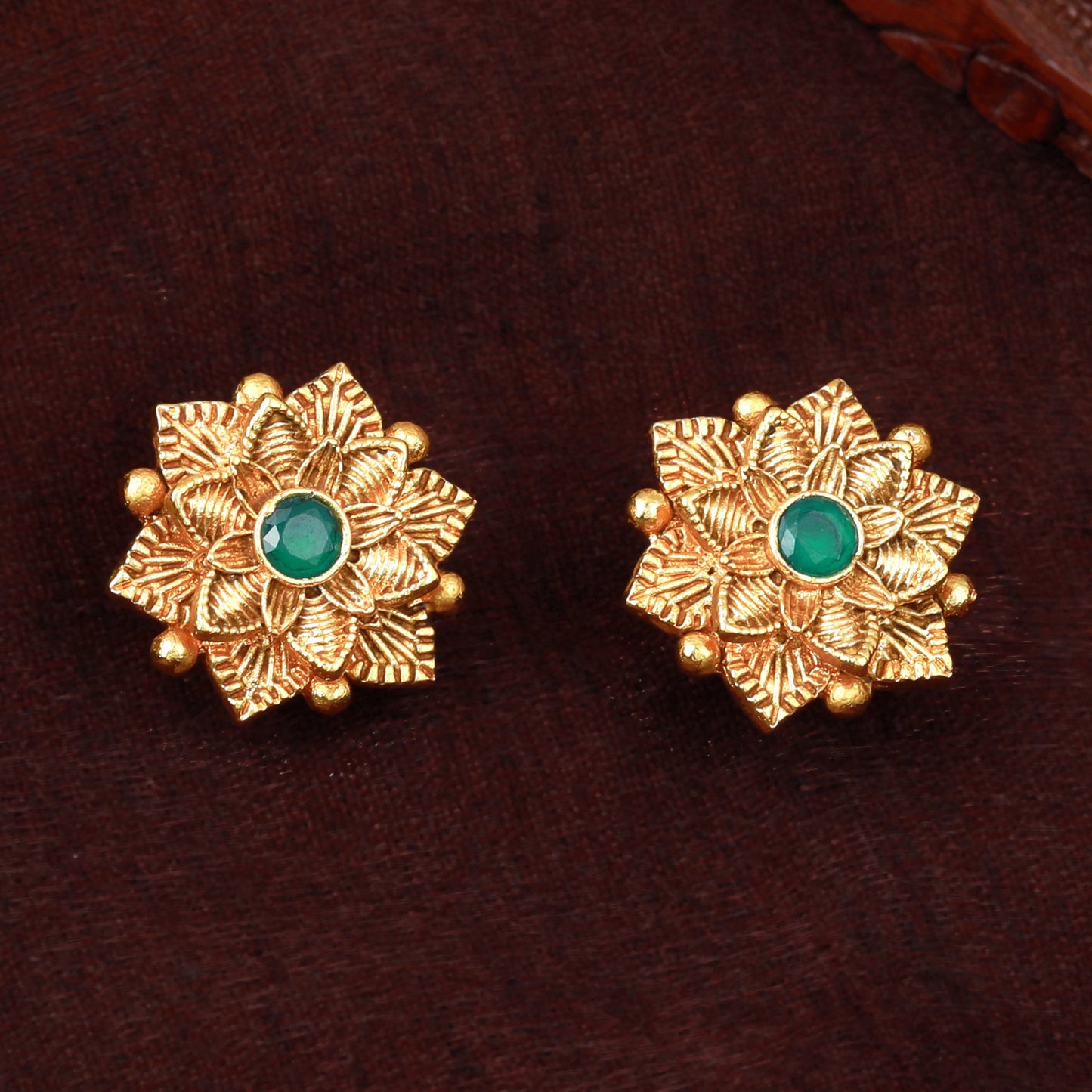 Estele Gold Plated Flower Designer Matt Finish Stud Earrings with Green Crystals for Women