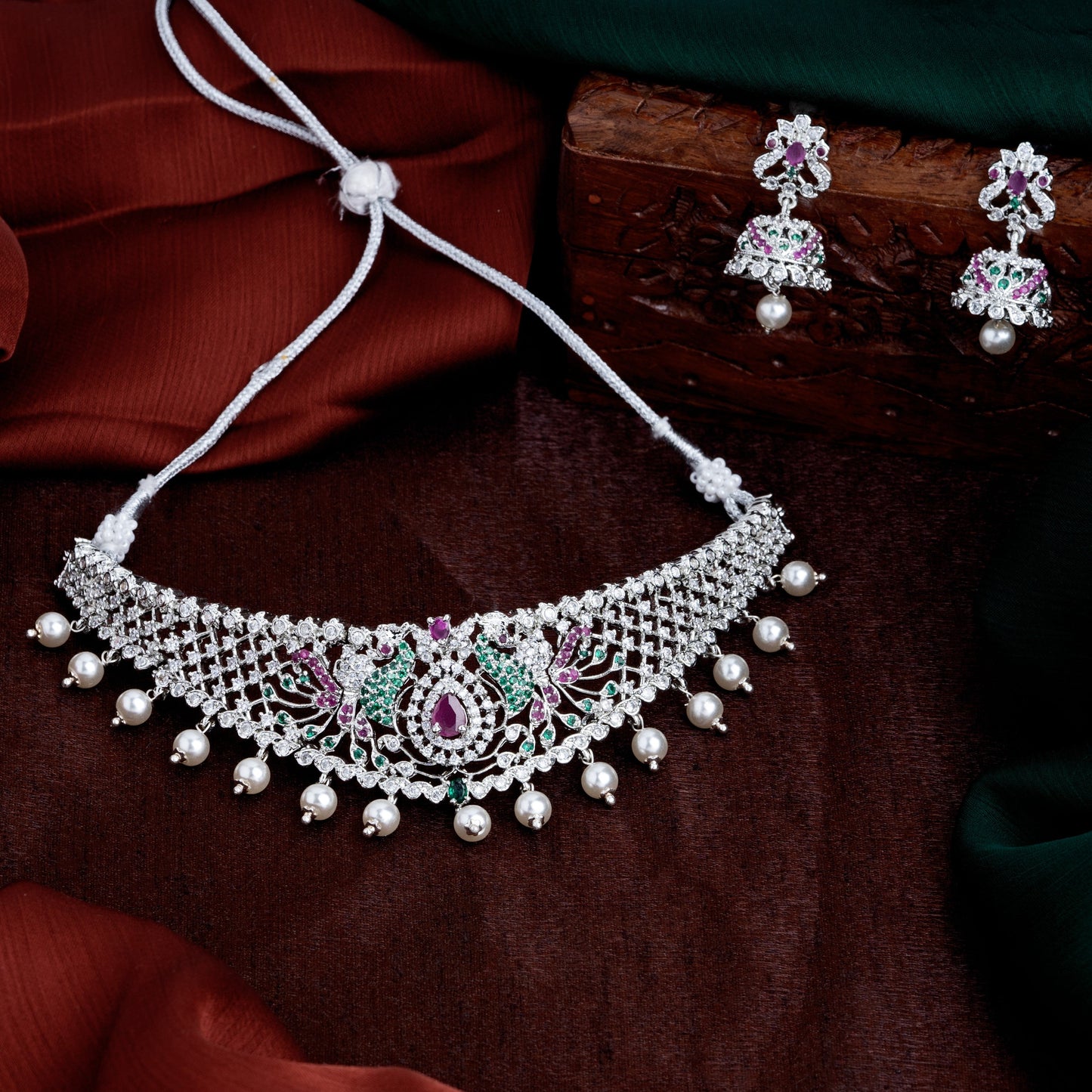 Estele Rhodium Plated CZ Peacock Designer Bridal Choker Necklace Set with Colored Stones & Pearls for Women