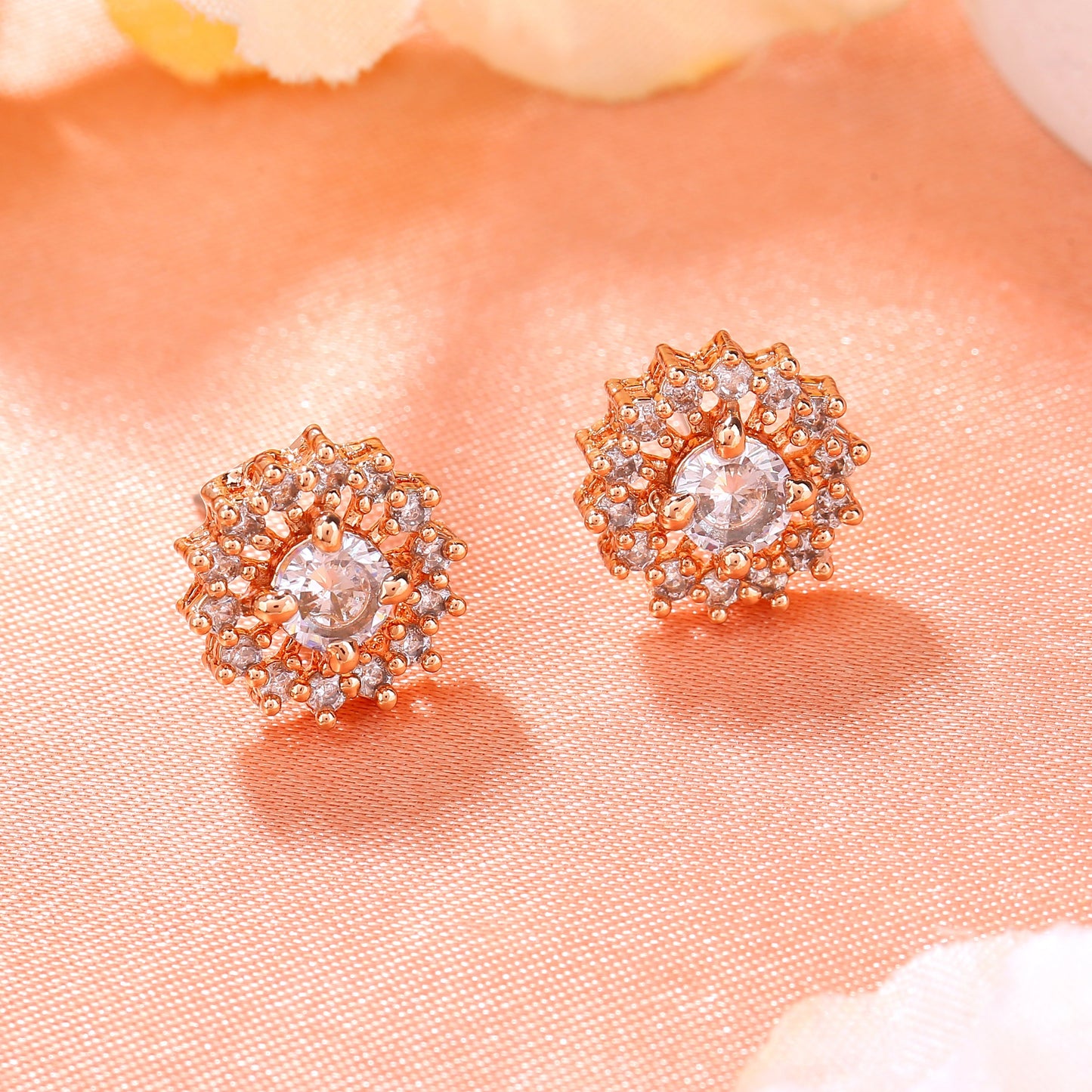 Estele Rose Gold Plated CZ Flower Designer Stud Earrings for Women