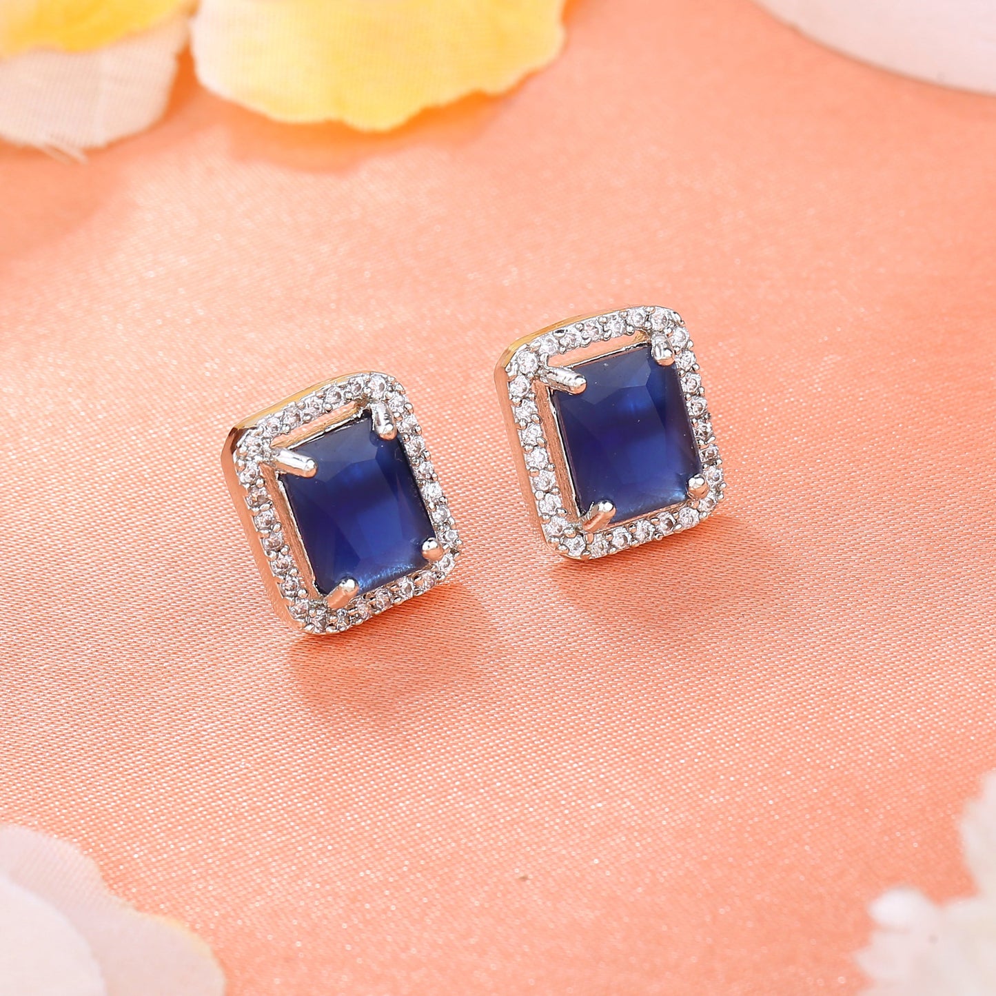 Estele Rhodium Plated CZ Square Designer Stud Earrings with Blue Crystals for Women