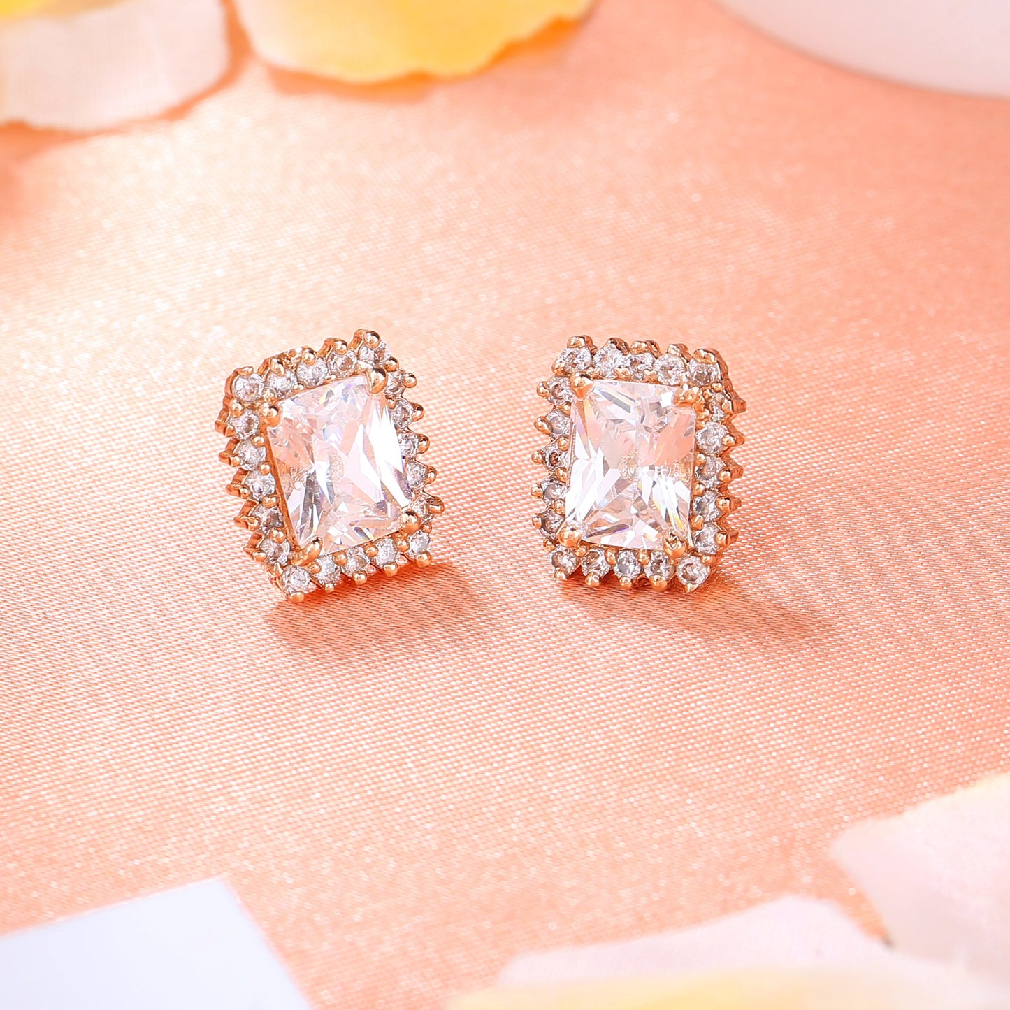 Estele Rose Gold Plated CZ Square Designer Stud Earrings for Women