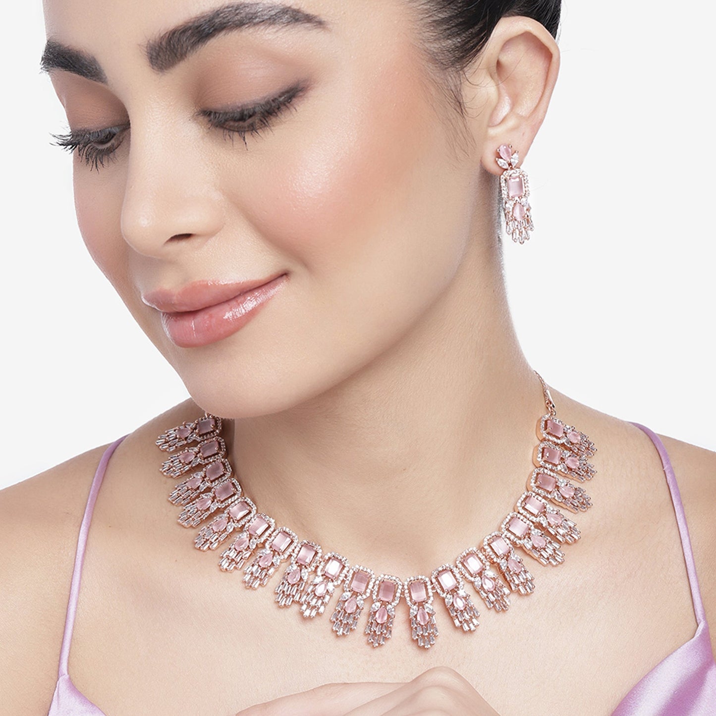 Estele Rose Gold Plated CZ Fascinating Necklace Set with Mint Pink Stones for Women