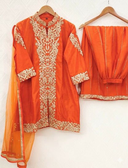 Teeya Creation Womens New Trendy Silk With Heavy Embroiedery With Sequence Work Orange Kurta Set