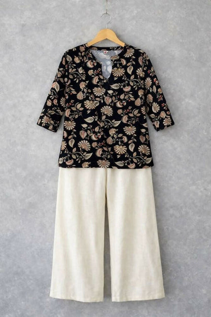 Teeya Creation Womens New Trendy Black Floral Printed Short Kurti with Beige Palazzo Set