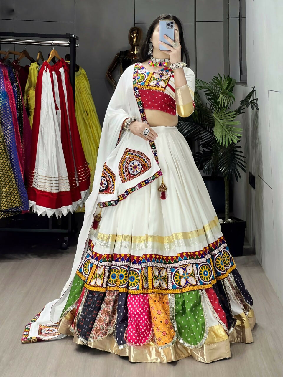 Yash Enterprise Off White Rayon Cotton Embroidery Semi Stitched Navratri Top Chaniya Choli