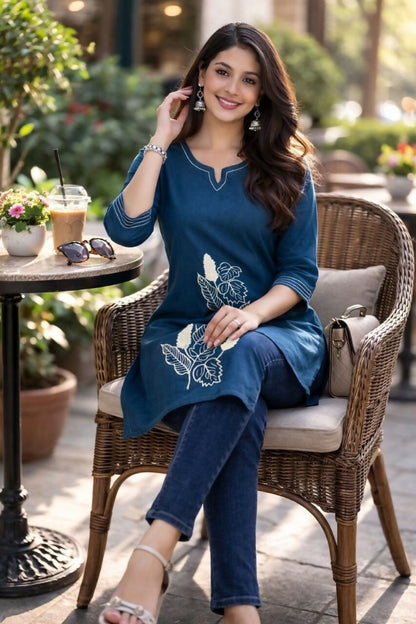 Teeya Creation Womens New Latest Cotton Blue Floral Embroidered Short Kurti