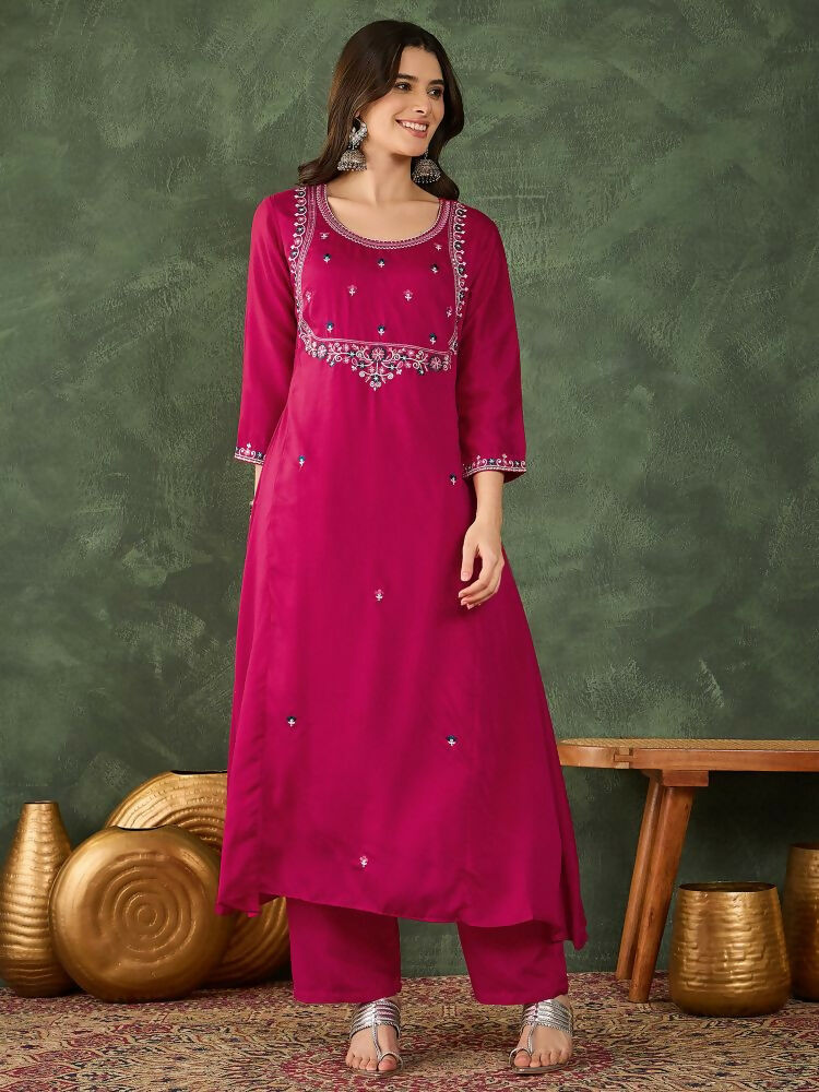 The52 Women's Gorgeous Embroidery Work Vichitra SIlk Fabric Flared Kurta Pant and Dupatta Set