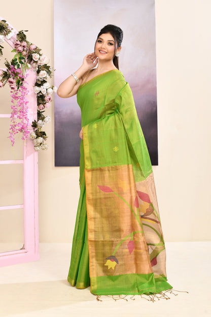 Piyari Fashion Women's Green Embellished Tissue Jamdani Saree