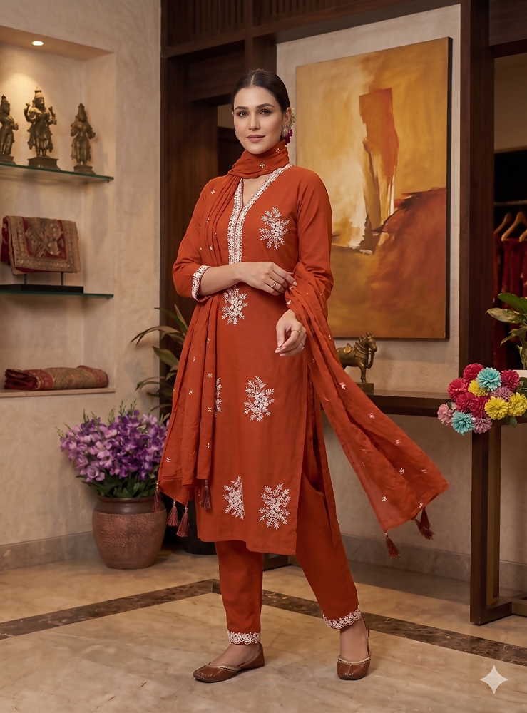 Teeya Creation Vibrant Orange Embroidered Kurti with Pant and Dupatta Set