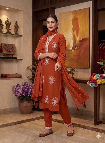 Teeya Creation Vibrant Orange Embroidered Kurti with Pant and Dupatta Set