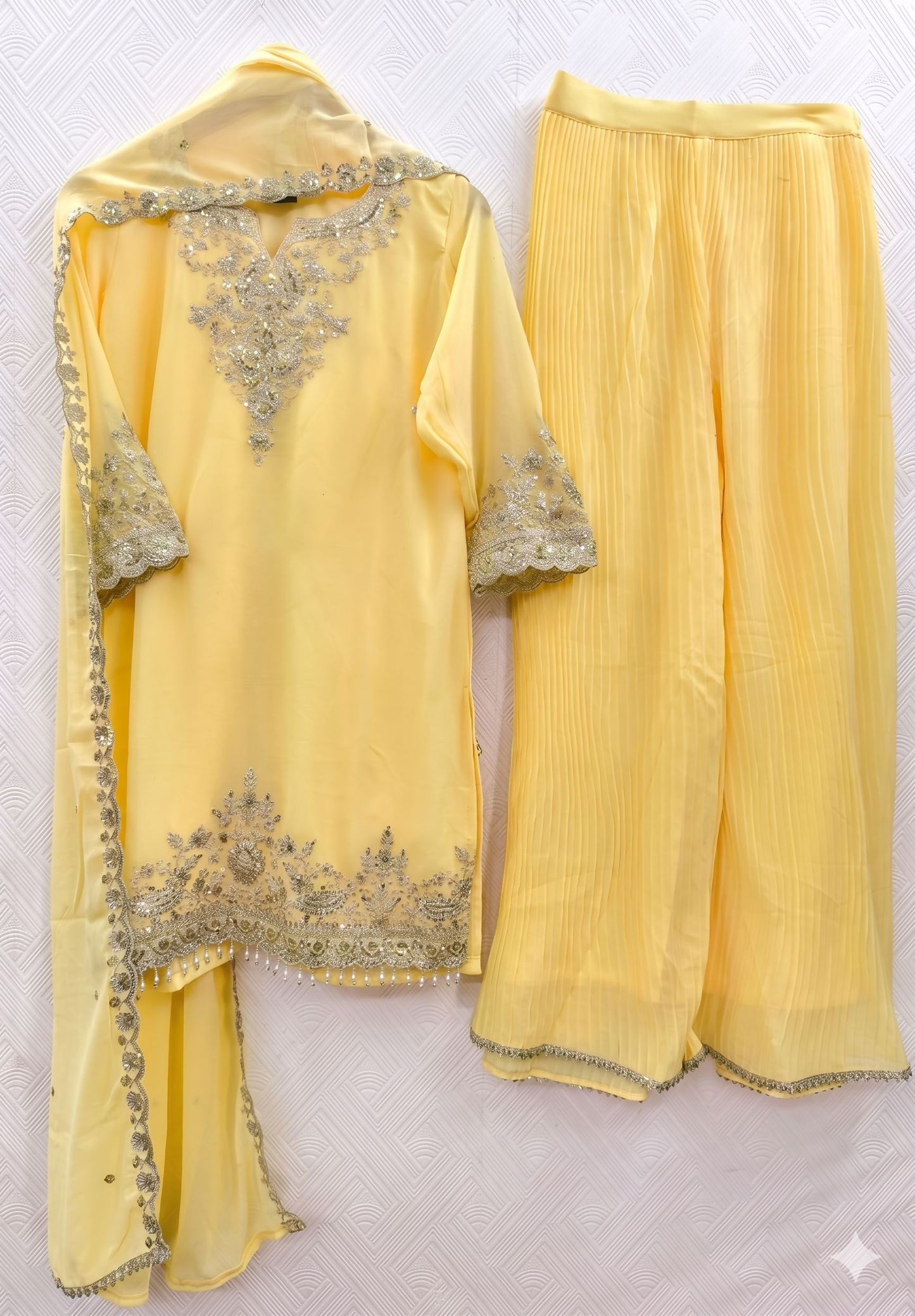 Teeya Creation Womens New Georgette Silk With Heavy Embroiedery With Sequence Work Yellow Kurta Set