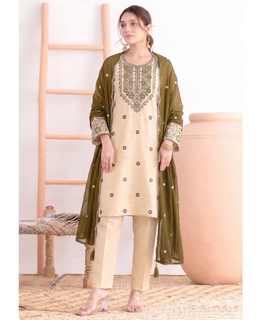 KC Khadi Cotton White Suit With Mahendi Dupatta 3 Piece Pair For Women