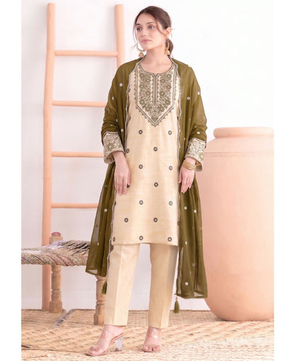 KC Khadi Cotton White Suit With Mahendi Dupatta 3 Piece Pair For Women