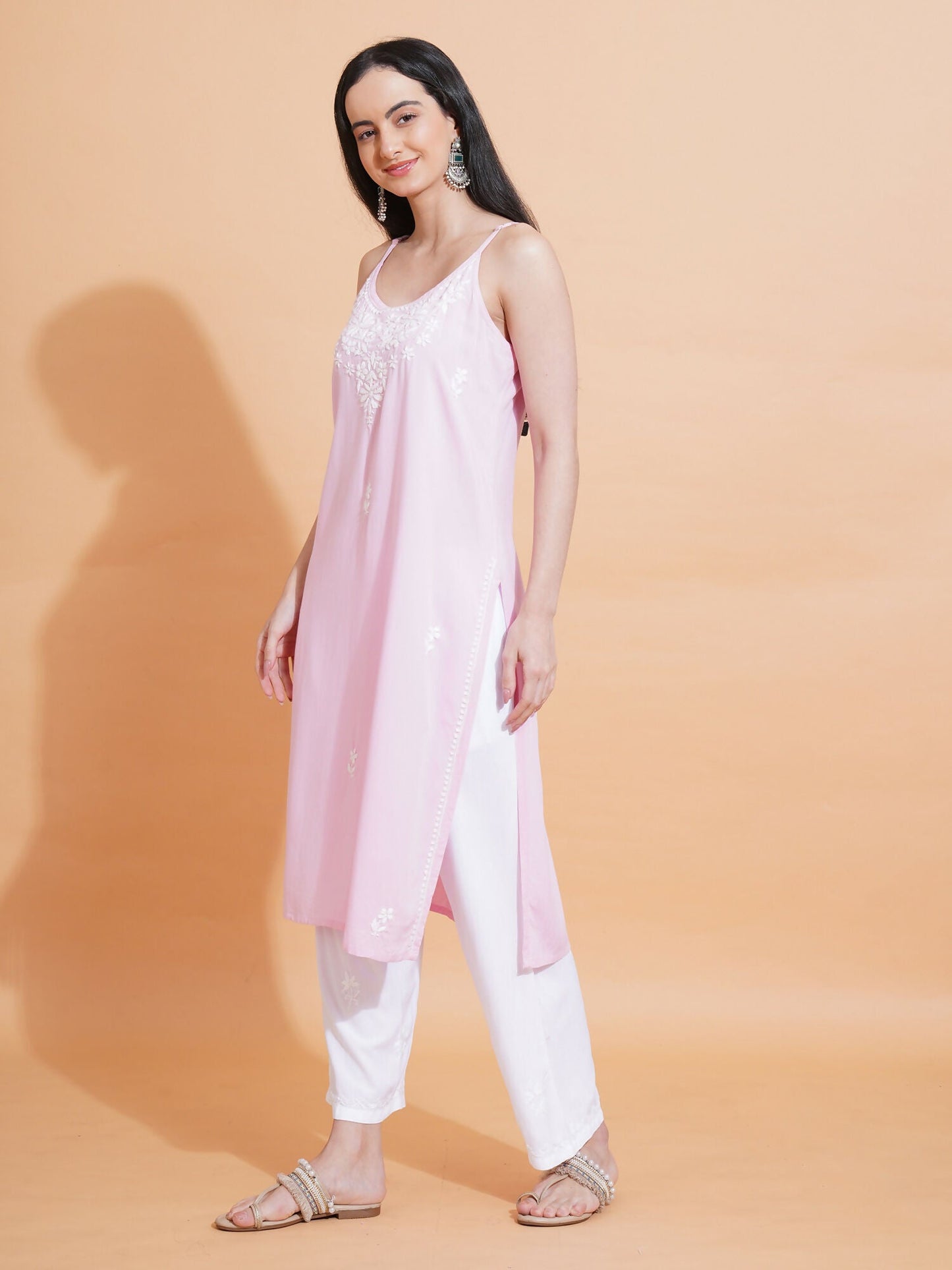 Pahnaz Luxury Rayon Chikankari Sleeveless Long Kurti-Pink
