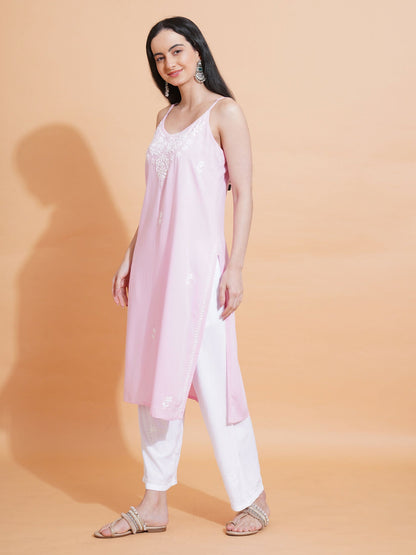 Pahnaz Luxury Rayon Chikankari Sleeveless Long Kurti-Pink