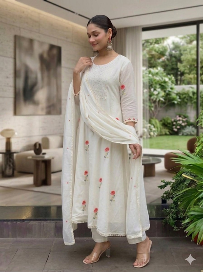 Teeya Creation Elegant White Straight Kurti Pant Set With Rose Motif Embroidery For Women