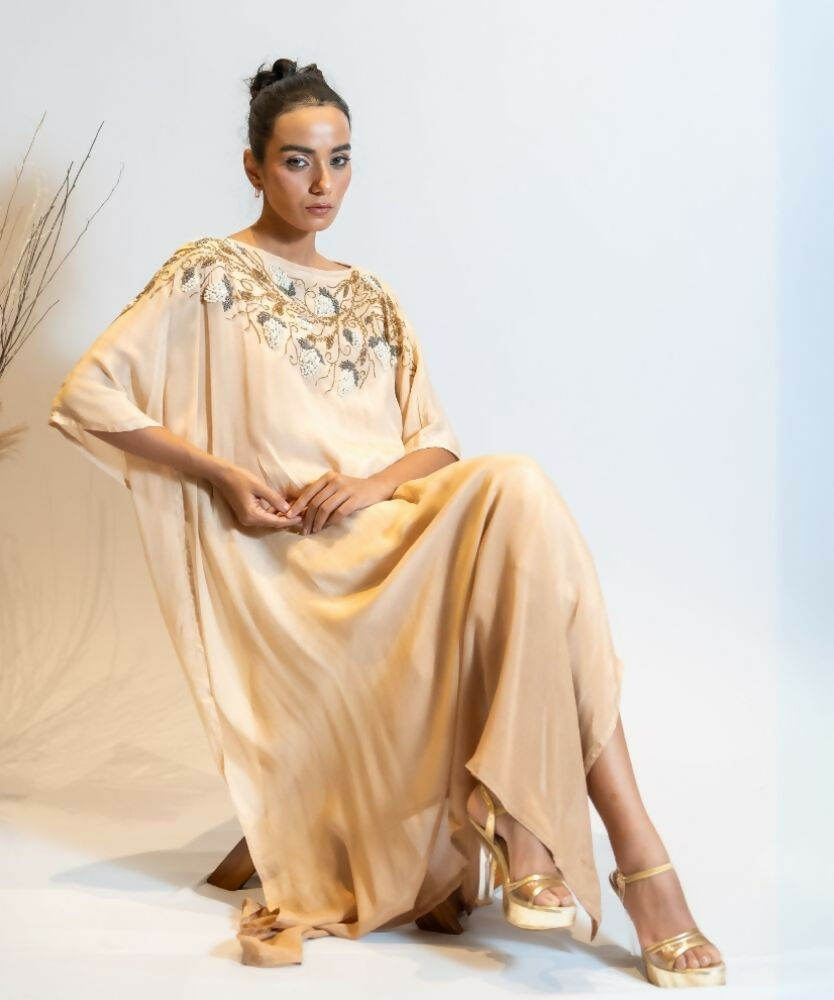 Timaraa Champagne Beige Ombre Embellished Georgette Kaftan Dress