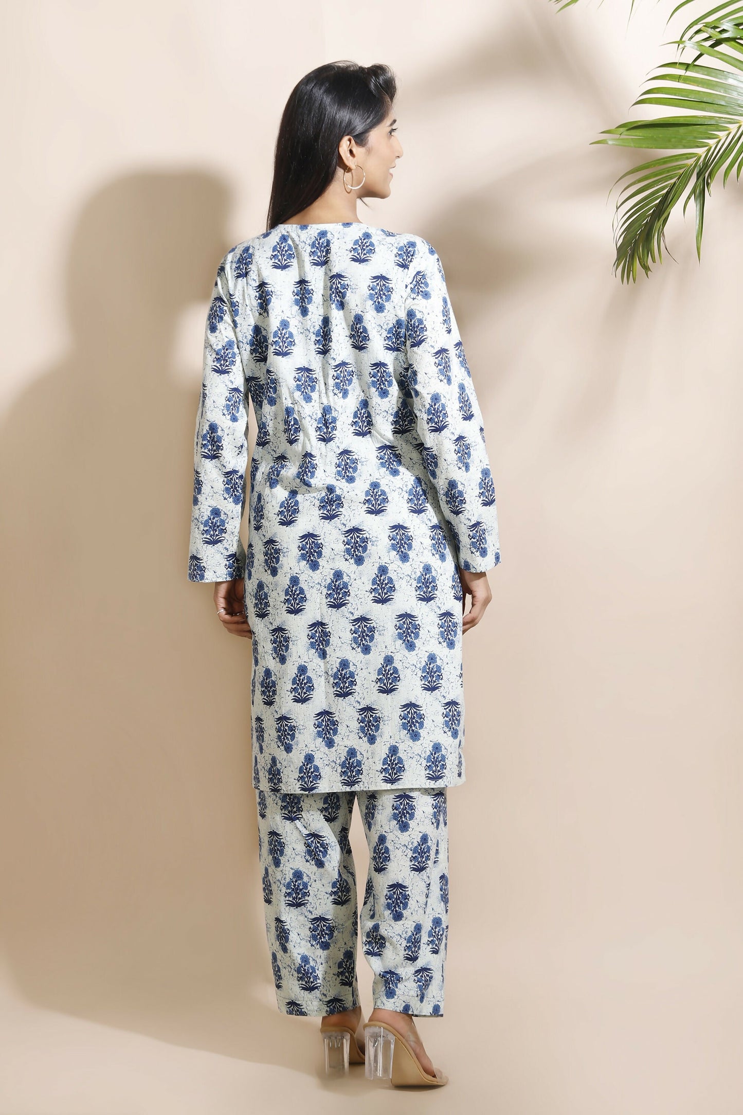 Breathables WomenS Cream Cotton Indian Motif Butta Loungewear Co-Ord Set  Long Kurta & Pants