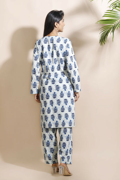 Breathables WomenS Cream Cotton Indian Motif Butta Loungewear Co-Ord Set  Long Kurta & Pants