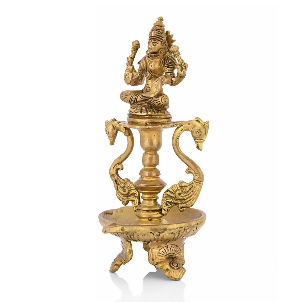 CraftVatika Brass Antique Laxmi Diya Oil Lamp Statue Lakshmi Peacock Puja Dia Table Diya Brass Table Diya