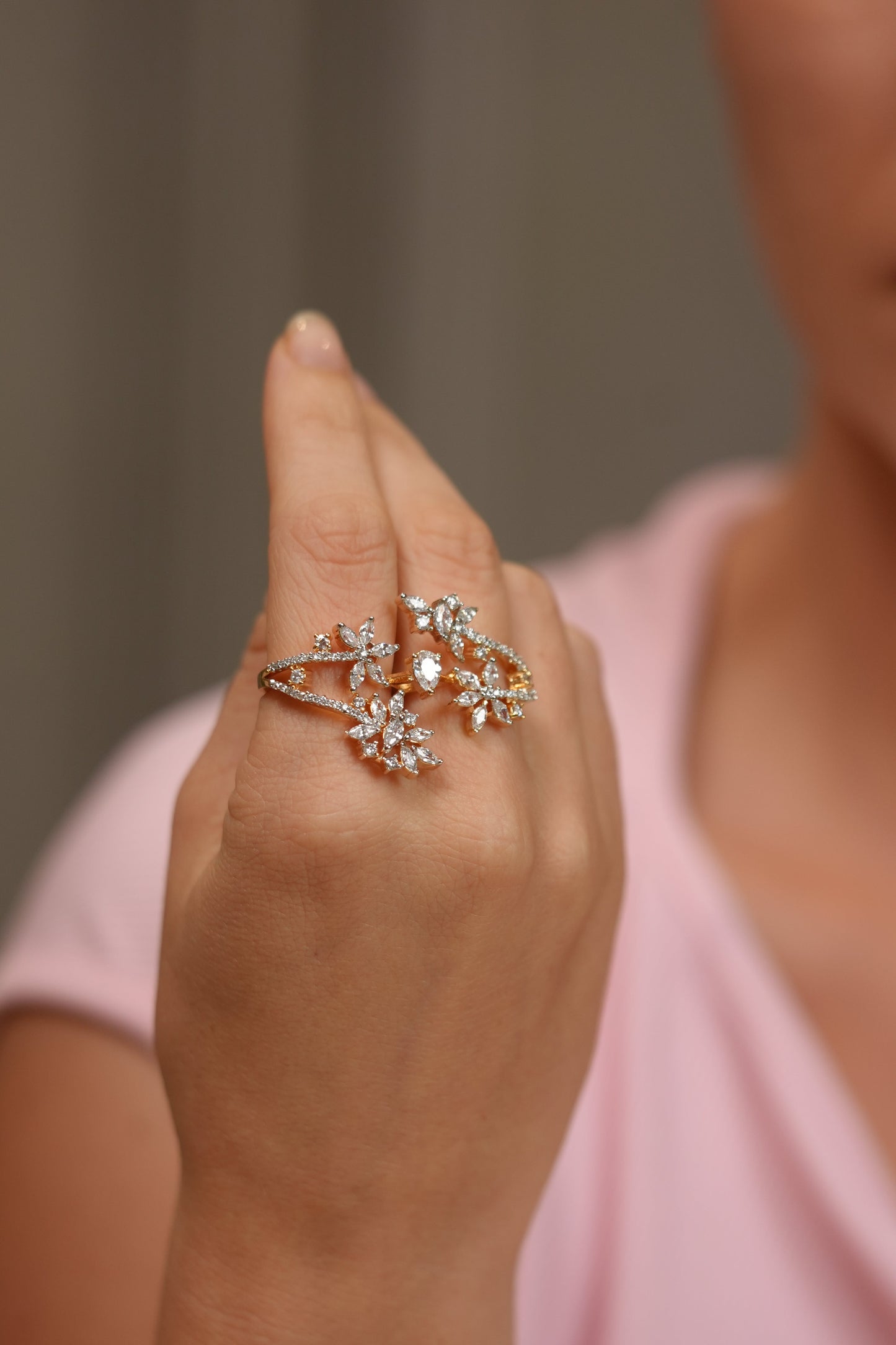 Dew Diamond Double Finger Cocktail Ring