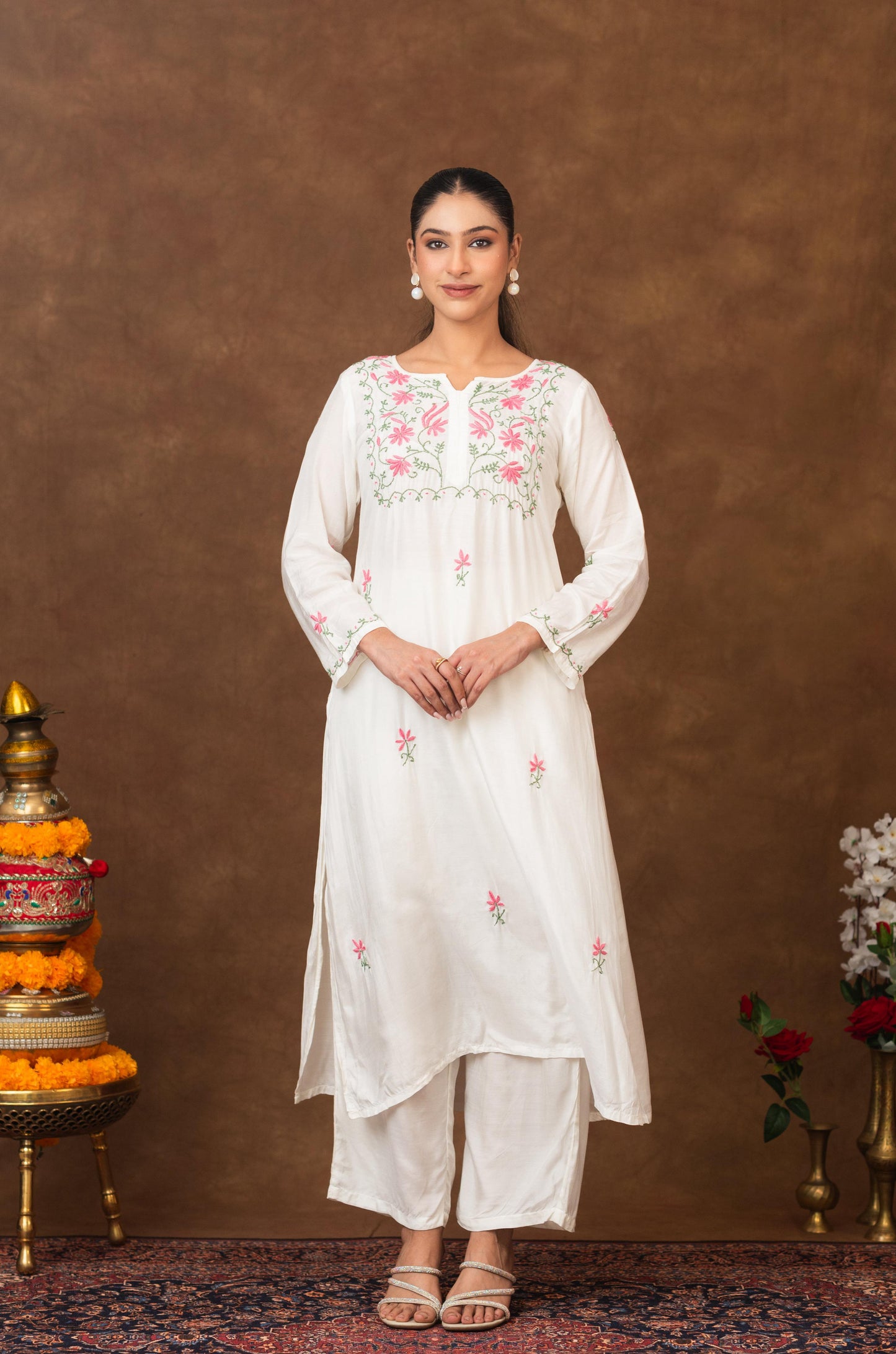 Gharana India Muslin A Line Kurta Set In Multi Colour Embroidery