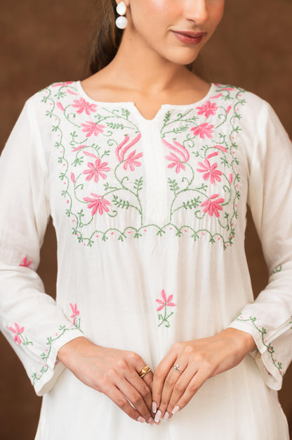 Gharana India Muslin A Line Kurta Set In Multi Colour Embroidery