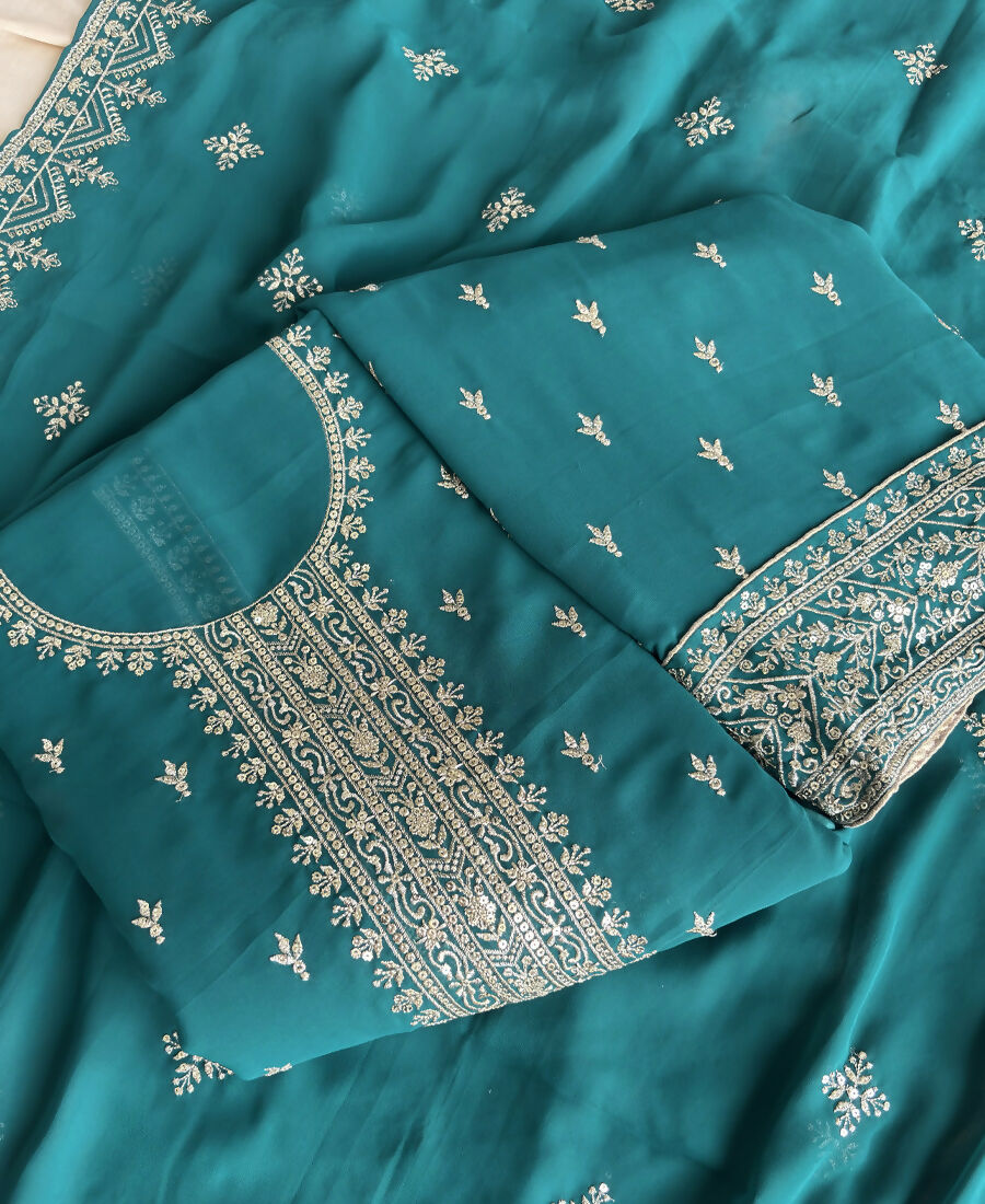 KC Aqua Blue Georgette Straight Suit With Heavy Embroidery
