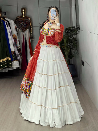 Yash Enterprise Red And White Rayon Cotton Embroidery Semi Stitched Navratri Top Chaniya Choli