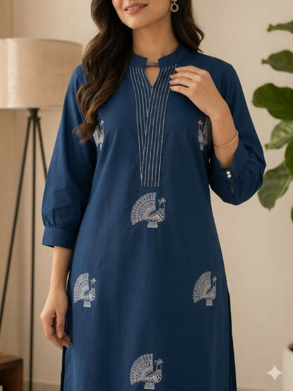 Teeya Creation Women Blue Cotton Printed Kurta with Trousers Co-ord Set