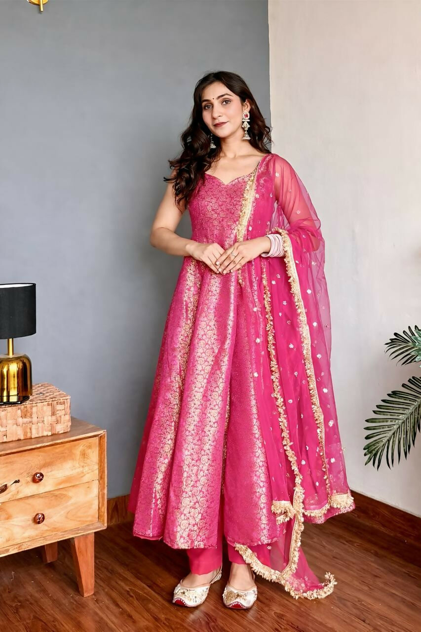 Lehenga Mart Designer Anarkali Suit With Kurta Bottom Dupatta For Women-Pink