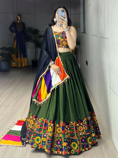 Yash Enterprise Mehndi Rayon Cotton Embroidery Semi Stitched Navratri Chaniya Choli