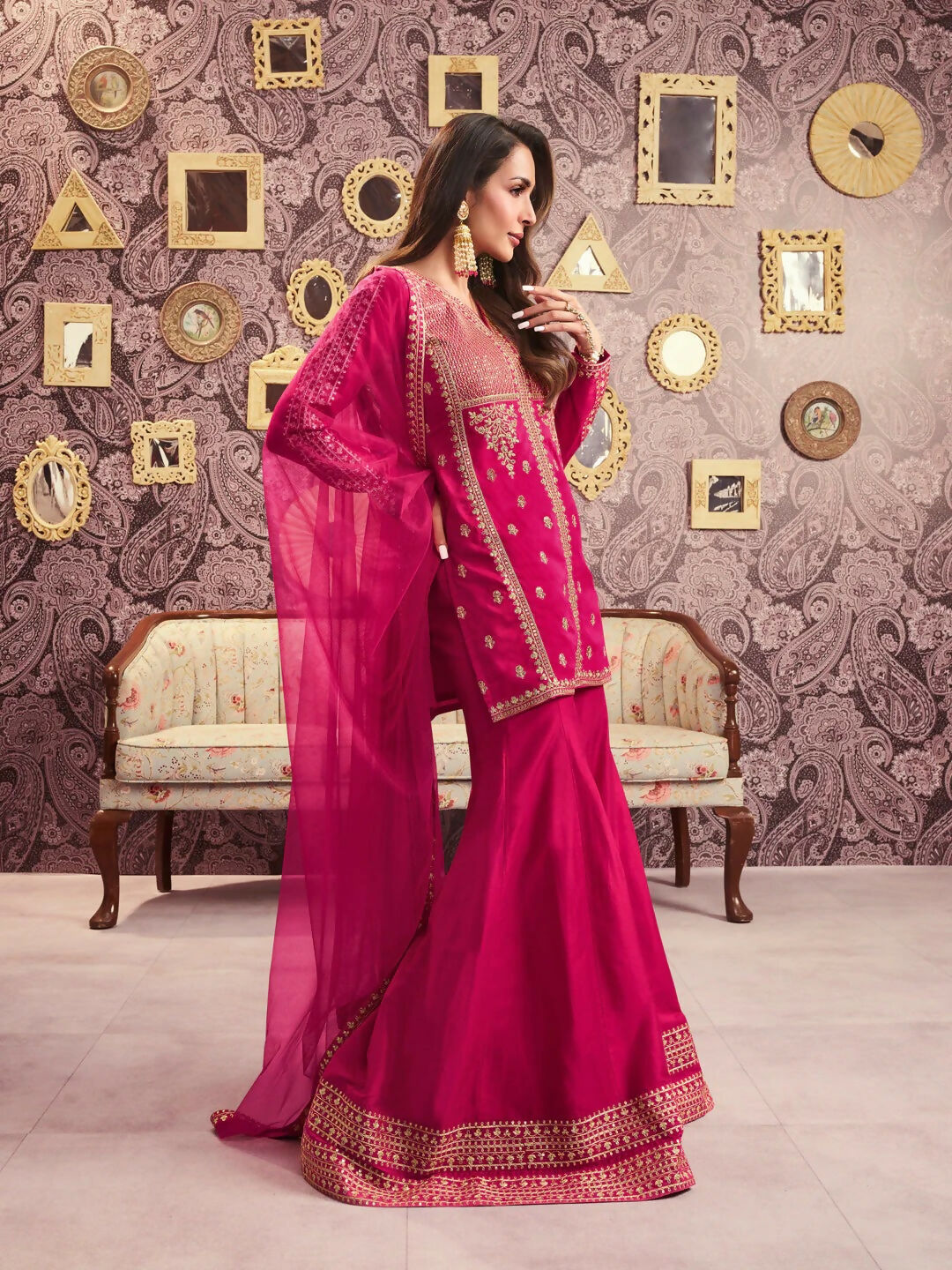 The52 Women's Beautiful Embroidery Work Chanderi Silk Fabric Straight Kurta Palazzo and Dupatta Set-Rani