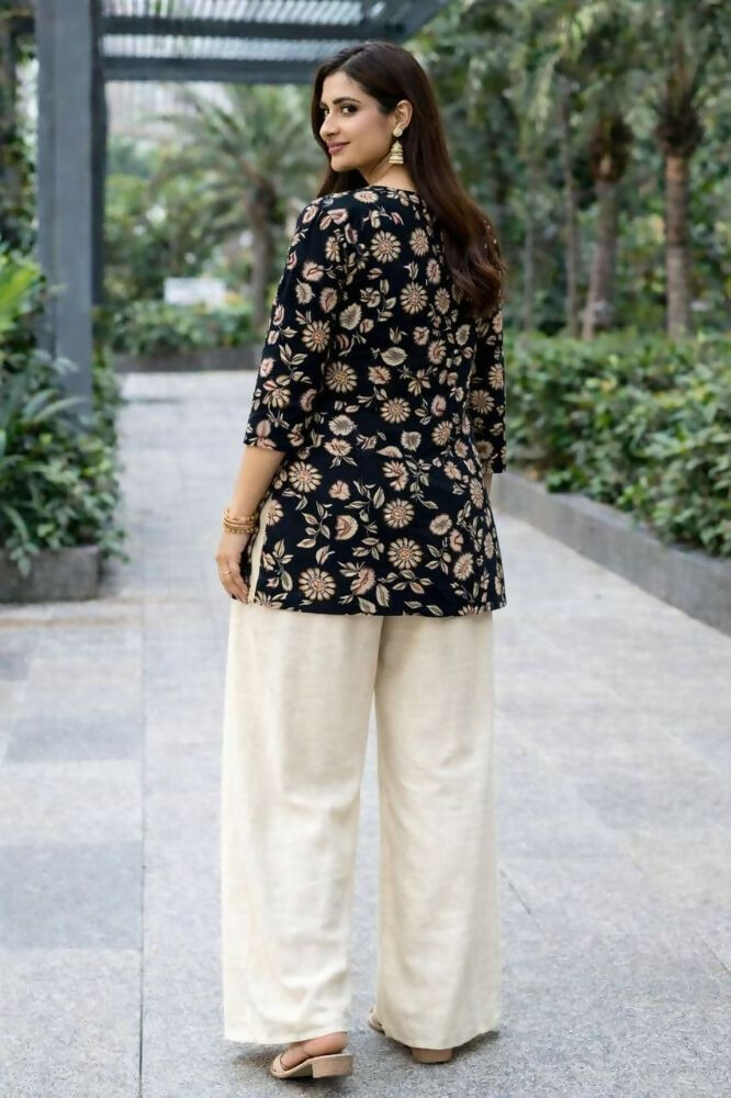 Teeya Creation Womens New Trendy Black Floral Printed Short Kurti with Beige Palazzo Set