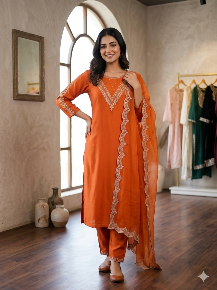 Teeya Creation New Womens Orange Straight Cut Kurta Set with Scalloped Embroidered Organza Dupatta Set