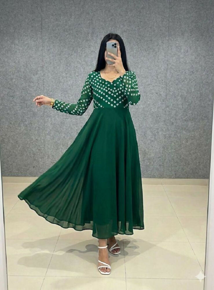 Teeya Creation Women's Green Bandhani Print Anarkali Gown